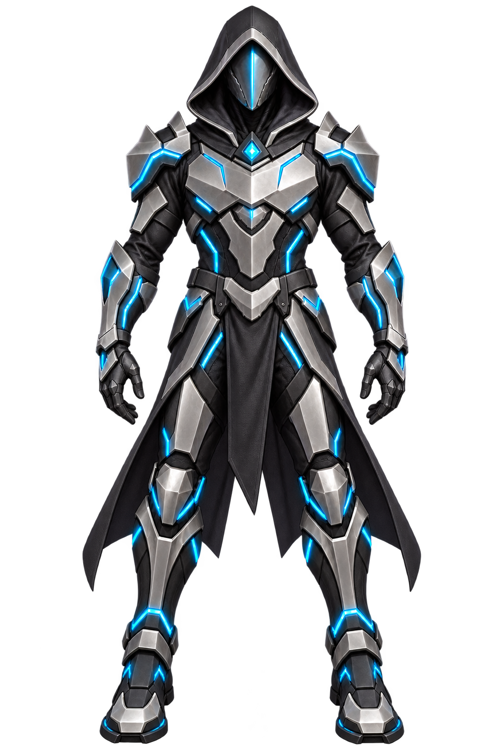 Personnage futuriste de face en armure noire et argentée, éclairage bleu clair